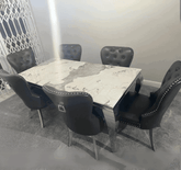 Louis Pandora Marble Table And Mayfair Leather Dark Grey Dining Chairs