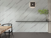 White and grey marble effect WPC wall panels in a modern UK home.