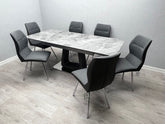 Zermatt Extendable Grey Ceramic Dining Table set at 160cm with 6 Grey Fabric Chairs