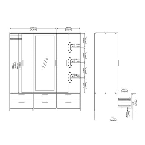Dimensions Line White Wardrobe with 3 Doors 6 Drawers
