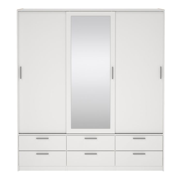 Front View of Line White Wardrobe with 3 Doors 6 Drawers