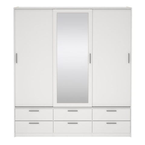 Front View of Line White Wardrobe with 3 Doors 6 Drawers