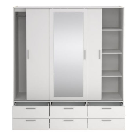 Sliding Feature of Line White Wardrobe with 3 Doors 6 Drawers