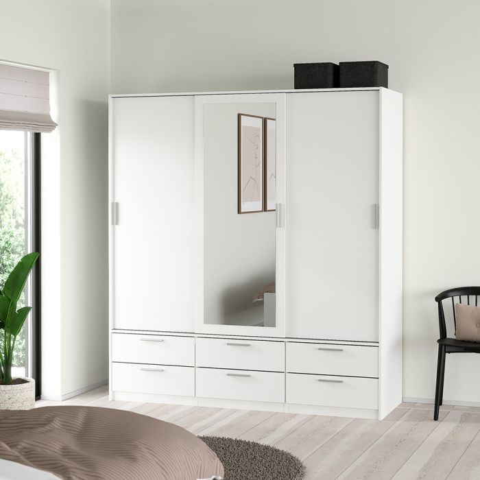 Line White Wardrobe with 3 Doors 6 Drawers