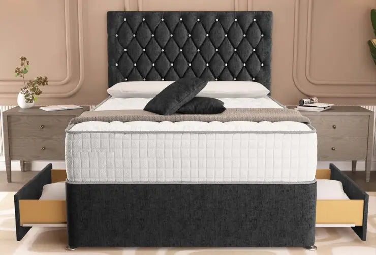 Bed with tufted headboard in a bedroom setting