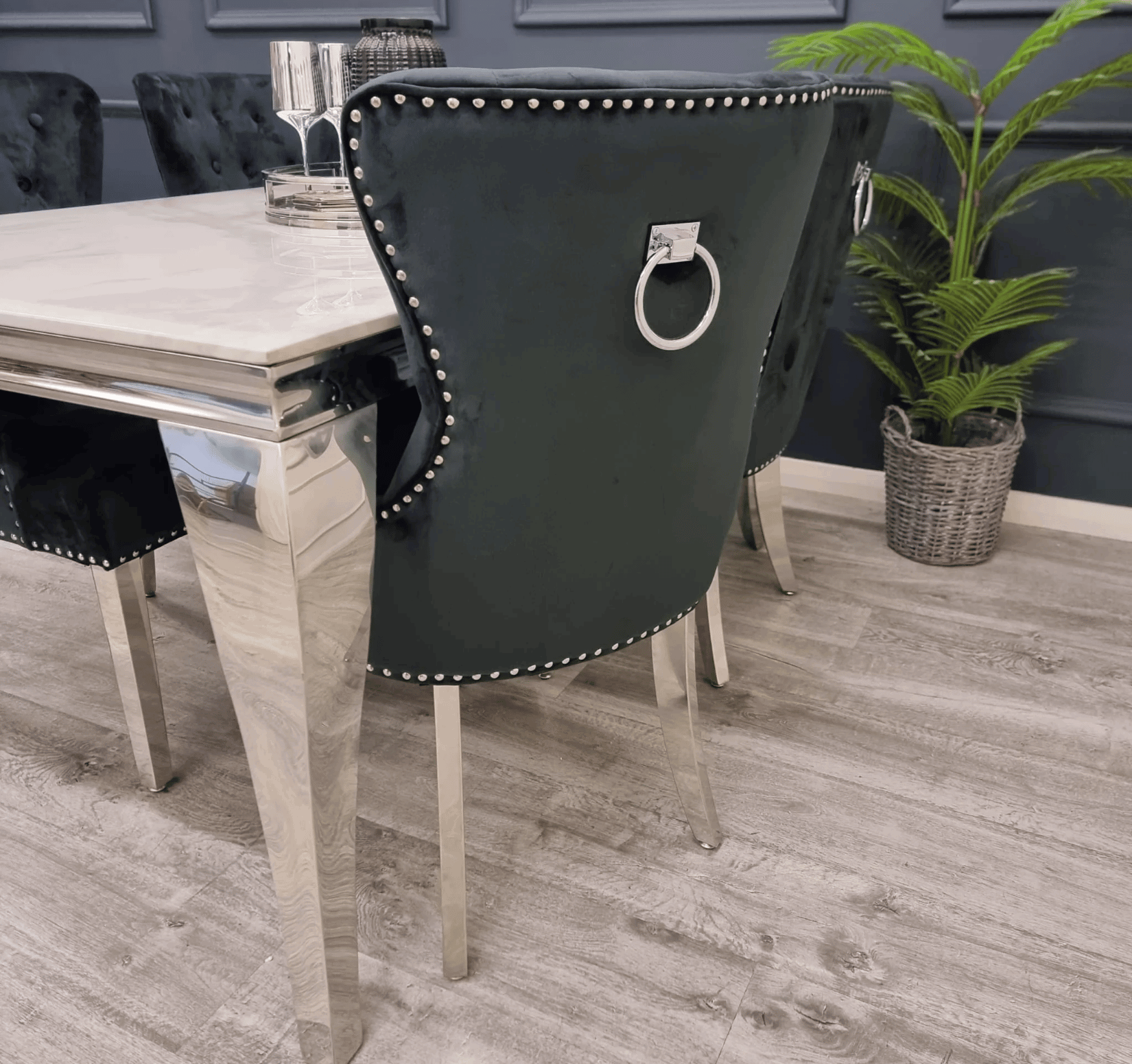 Louis White Marble Table And Megan Black Velvet Dining Chairs