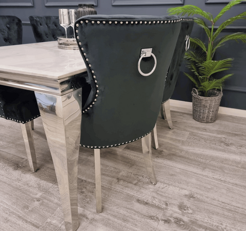 Louis White Marble Table And Megan Black Velvet Dining Chairs