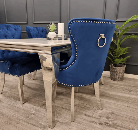 Louis White Marble Table And Megan Blue Velvet Dining Chairs