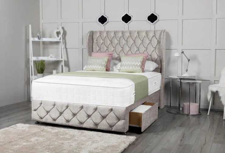 Decorative bed with tufted headboard in a bedroom setting