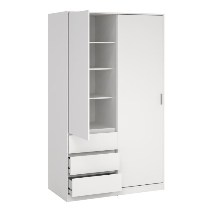 Naia White wardrobe with 1 sliding door and 1 door with 3 drawers 
