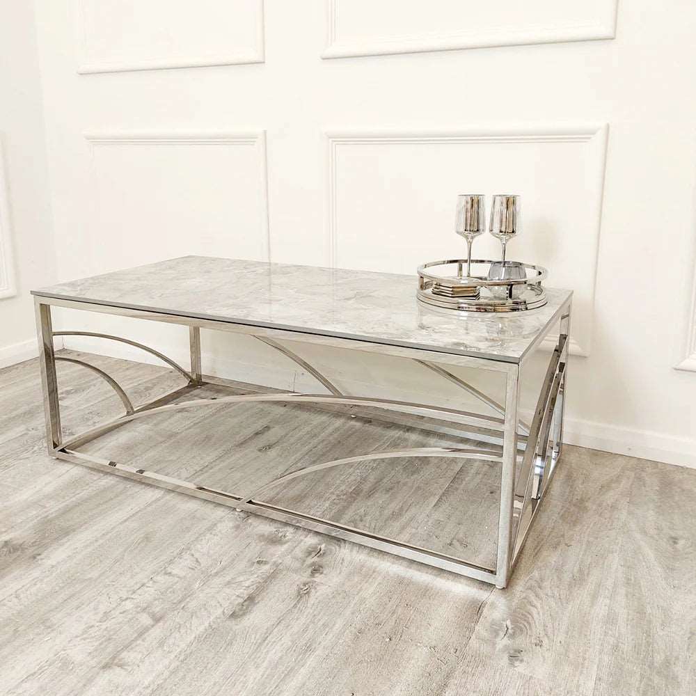 Stella Stone Top Chrome Frame Coffee Table Solid Furniture UK