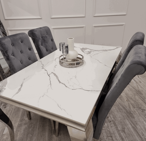 White Louis Table with Dark Grey Sofia Chairs