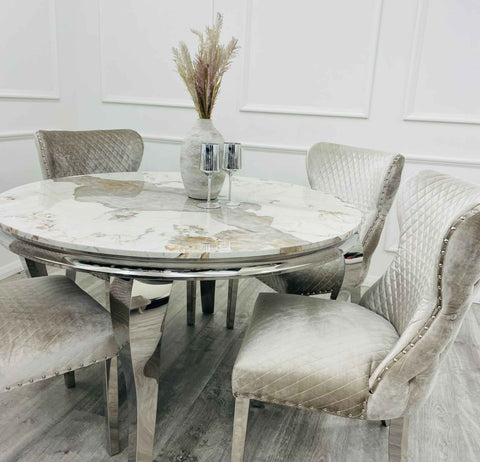 Pandora Gold Round Louis with 4 x Beige Shimmer Valentino Chairs SOLID FURNITURE LTD