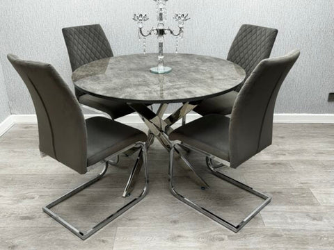 Tokyo Round Dining Table Set with 4 Grey Chairs – Modern UK Dining Room