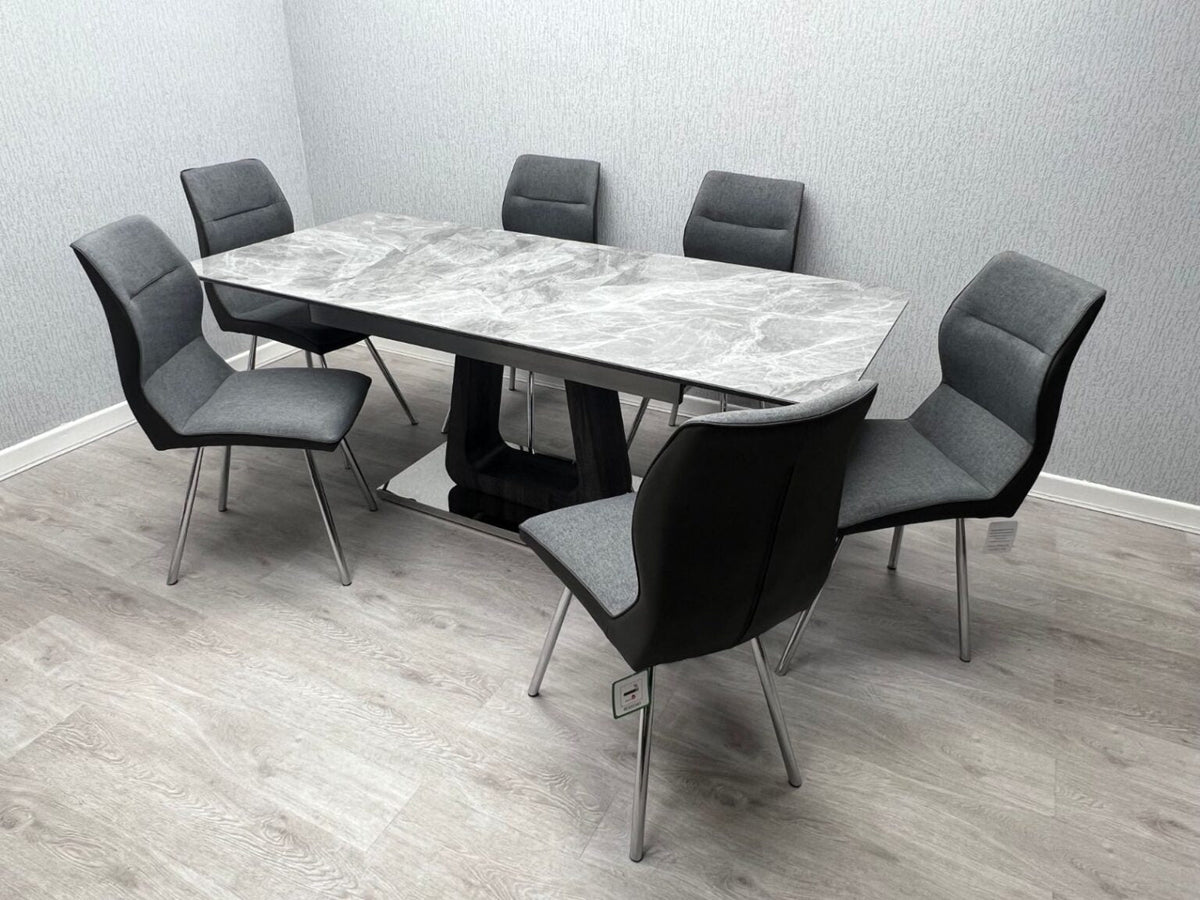 Zermatt Extendable Grey Ceramic Dining Table set at 160cm with 6 Grey Fabric Chairs