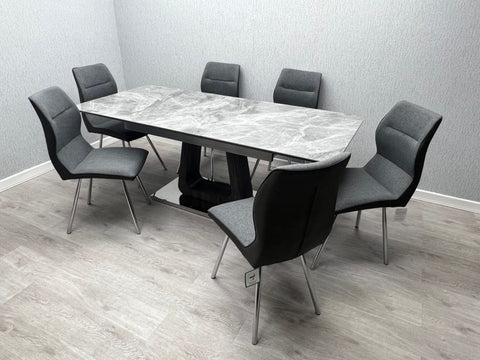 Zermatt Extendable Grey Ceramic Dining Table set at 160cm with 6 Grey Fabric Chairs