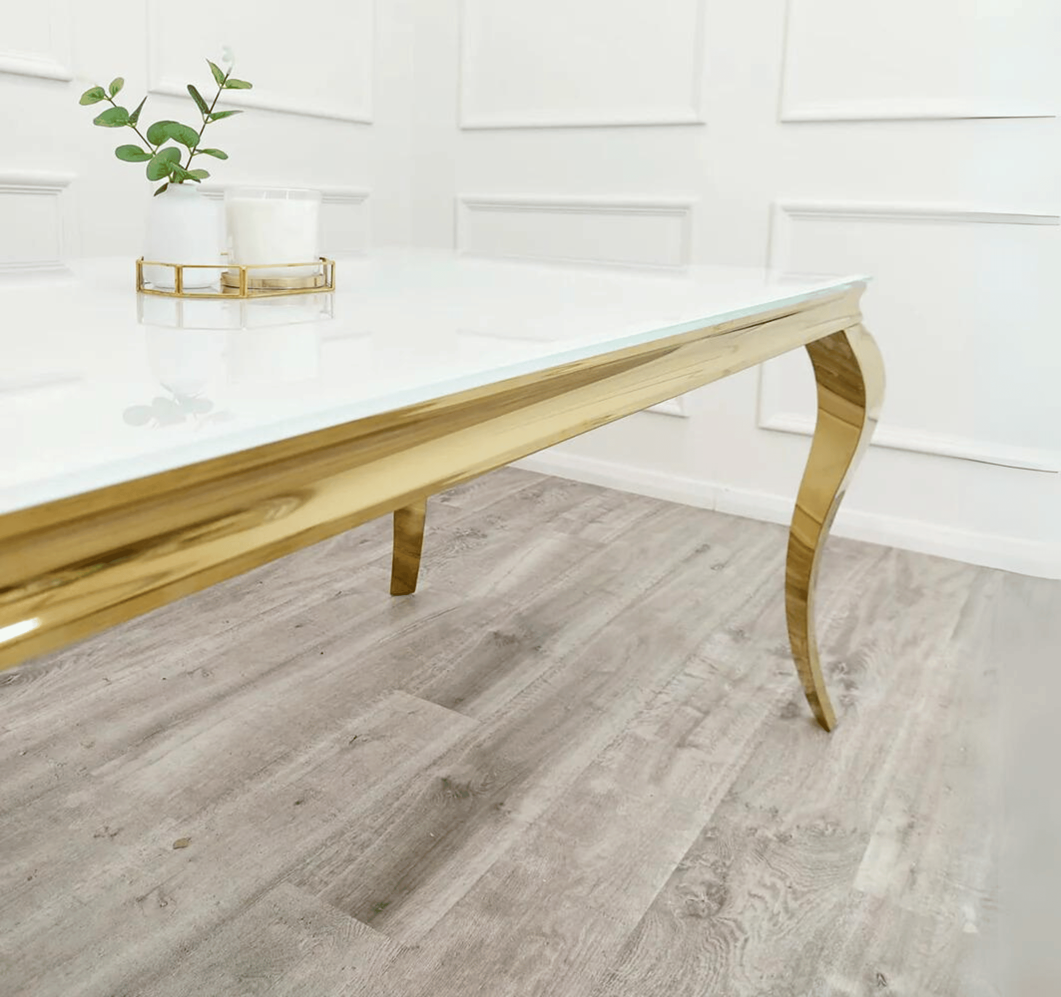 White Glass Louis Gold with Bentley Gold Cream Chairs SOLID FURNITURE